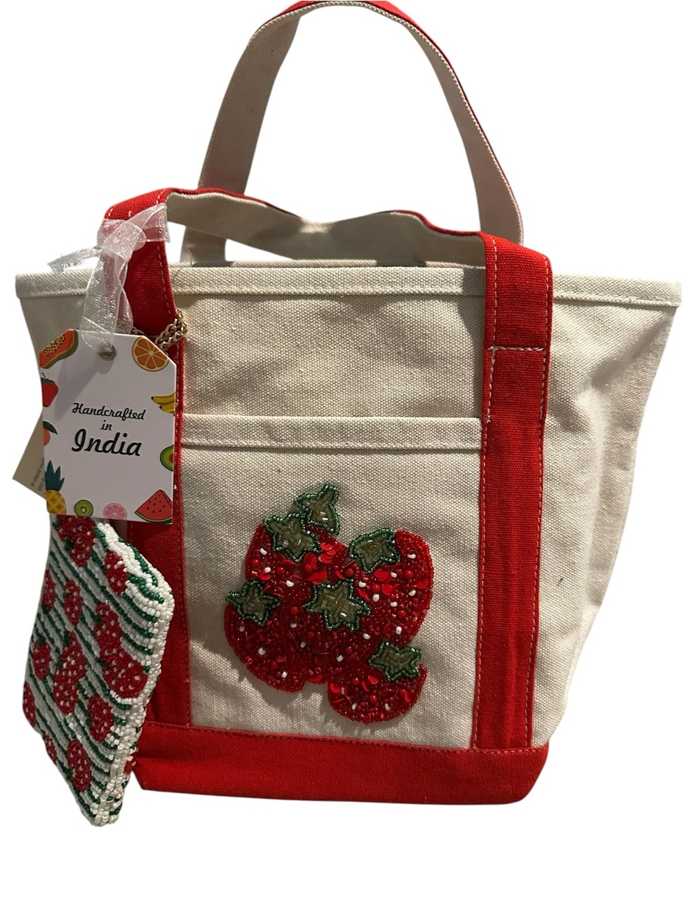 Canvas hand beaded Strawberry Tote Bag w/Red Trim, coordinating strawberry pouch